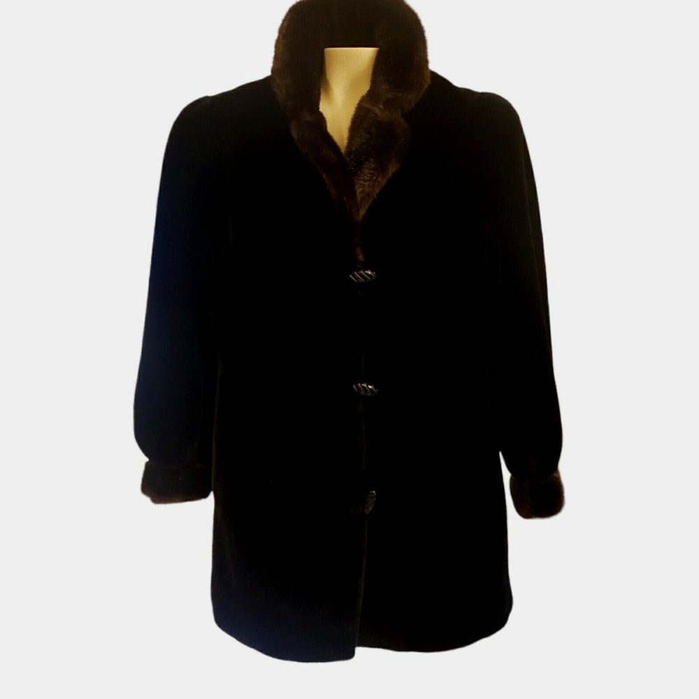 Vintage BORGAZA Jet Black Faux Fur Coat M With Contrasting Trim On Collar &Cuff